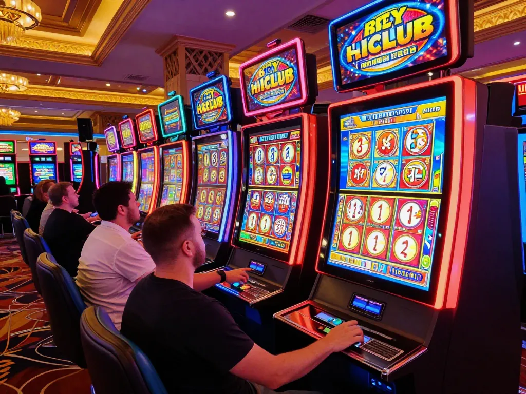 Hitclub players celebrating wins on vibrant slot machines in a lively casino setting