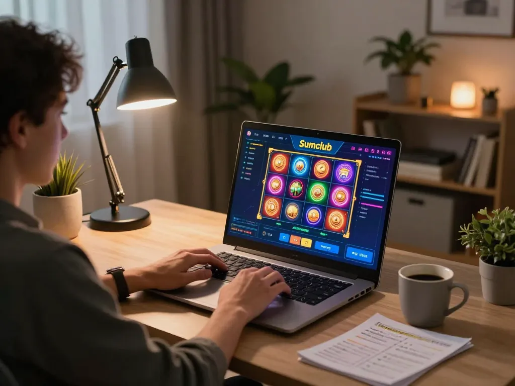 Engaging Sumclub gaming session at home with colorful slots displayed on laptop screen