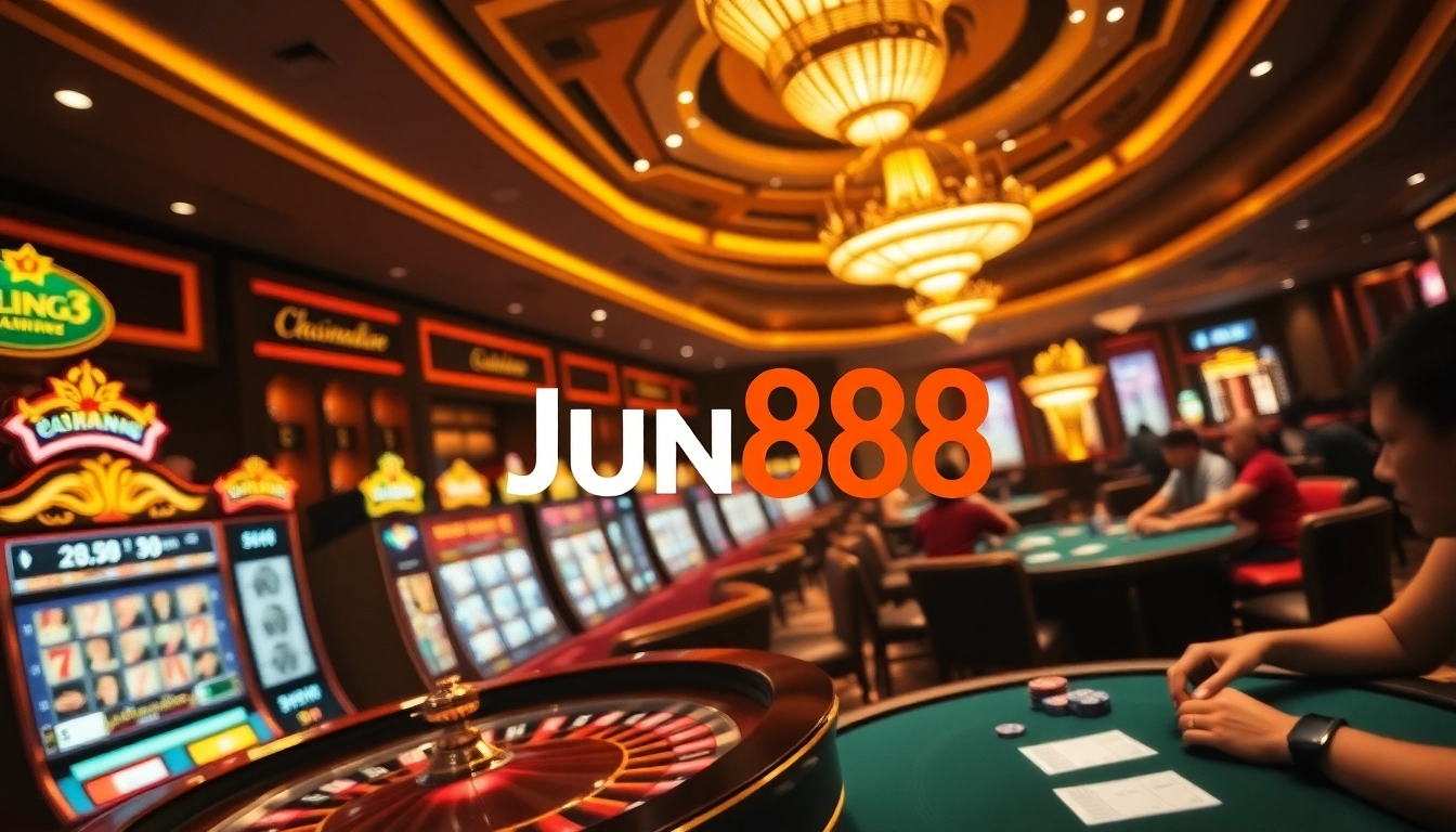 Experience the thrill of Jun88 casino with vibrant slot machines and enthusiastic players at poker tables.
