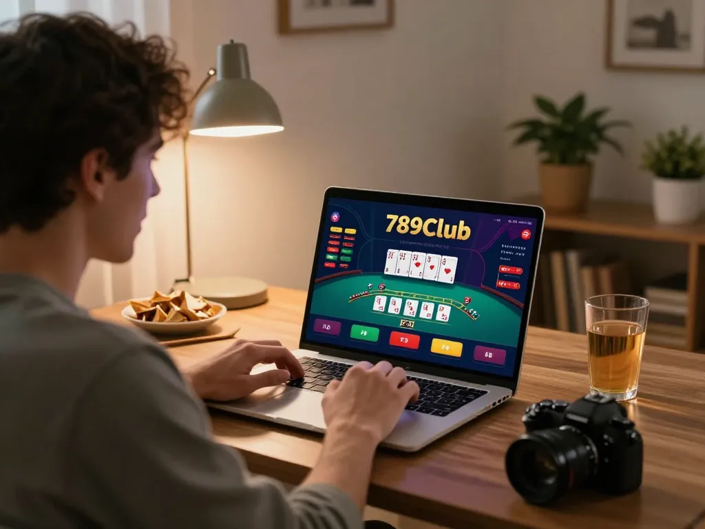 Player engaged in dynamic online blackjack gameplay on 789Club app in cozy home setting.