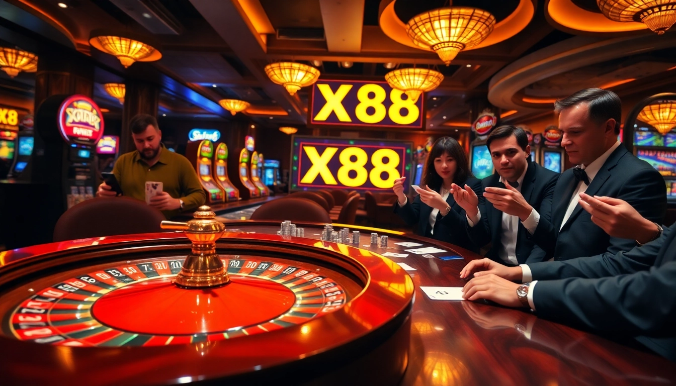 Experience the excitement of XX88 in a vibrant casino filled with roulette wheels and poker chips.