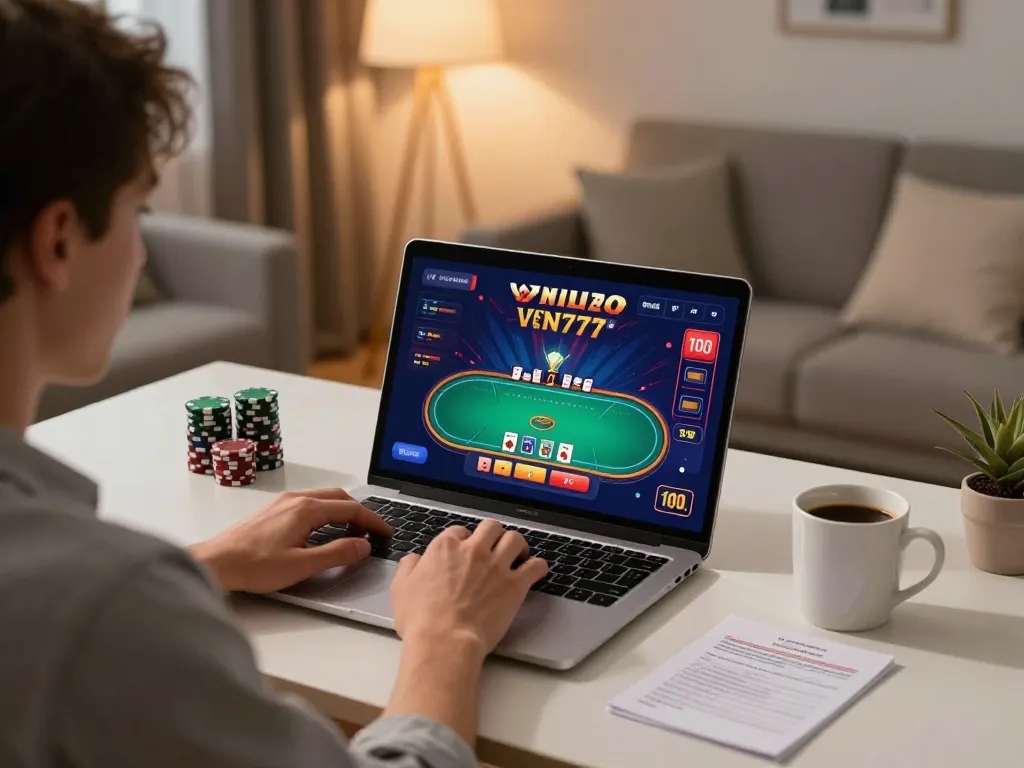 Experience vin777 online gaming with engaging poker gameplay on a laptop in a cozy home setting.