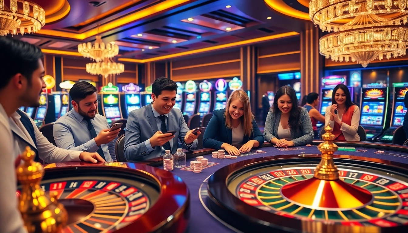 Players experiencing the thrill of l444 online betting in a luxurious casino setting, highlighting excitement and engagement.