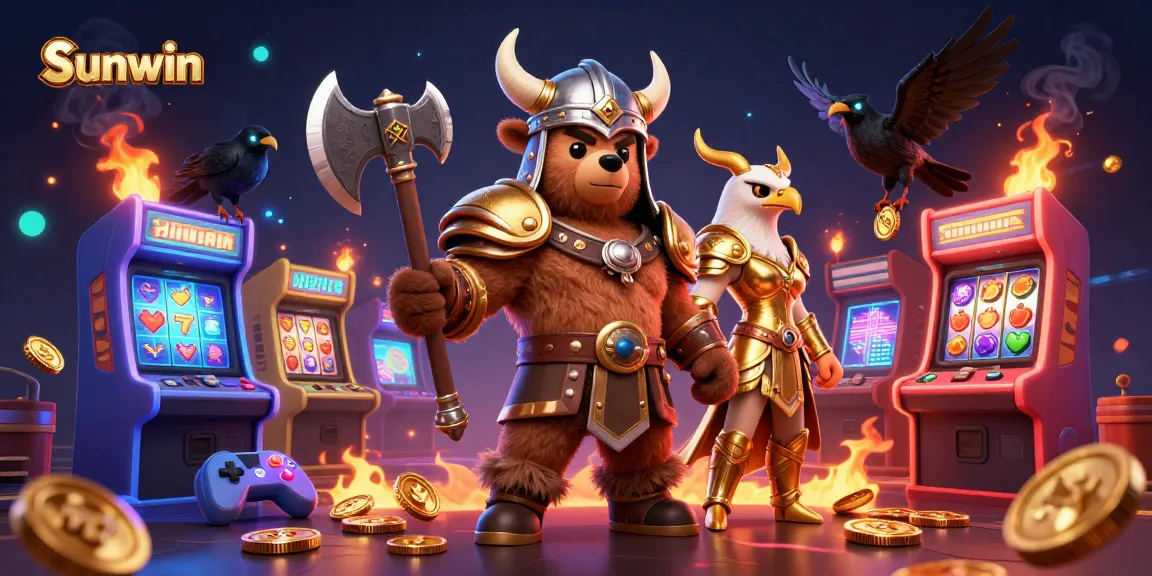Win big at Sunwin, featuring an epic scene with a Viking bear, Valkyrie eagle, and arcade elements in a casino.