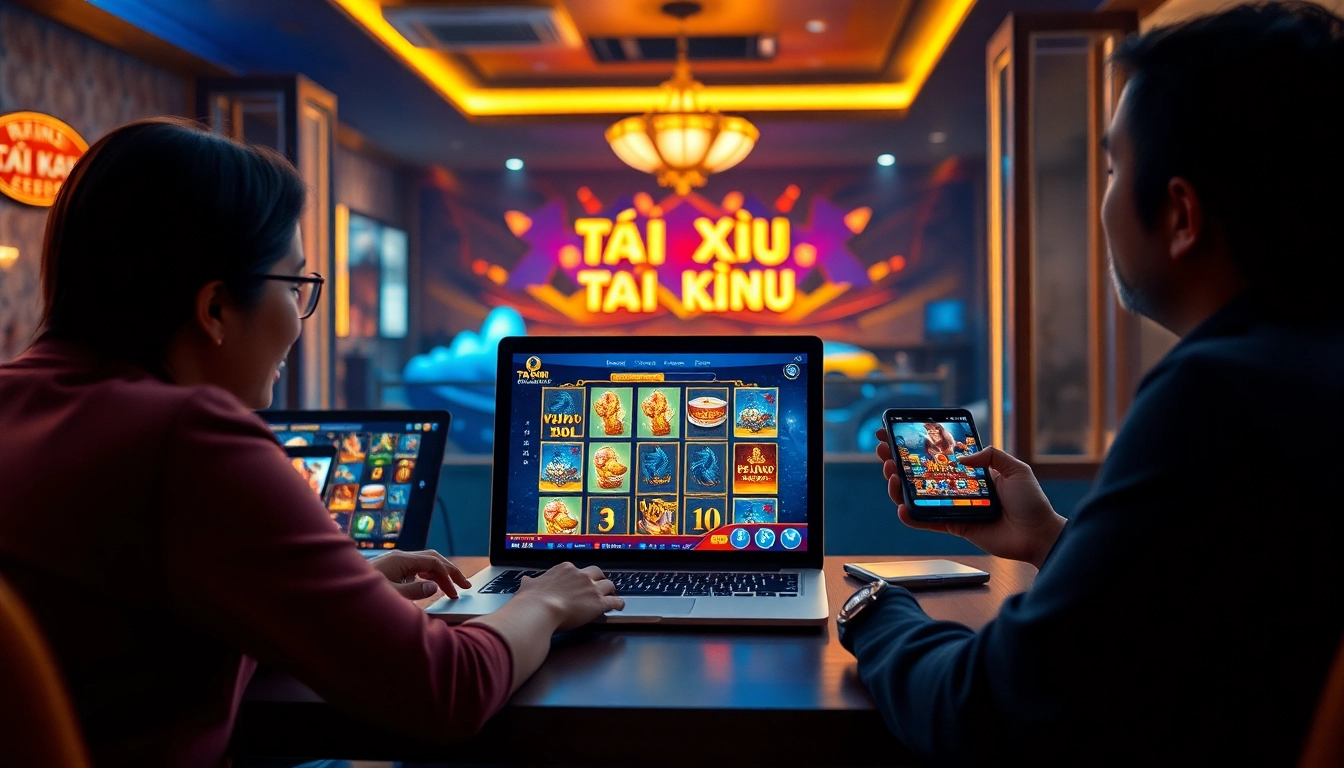 Tài xỉu online gaming scene with players enjoying the game on laptop and mobile devices in a vibrant atmosphere.