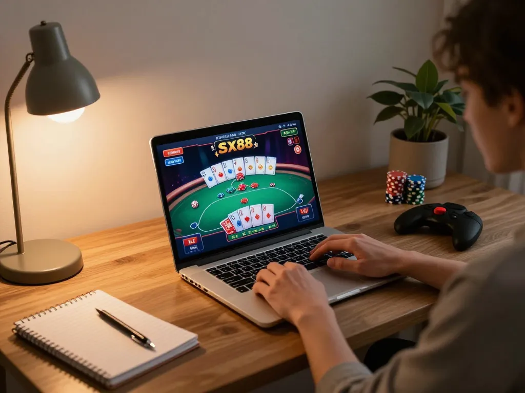 Engaging in strategic play at sx88 casino on a laptop while relaxing at home.