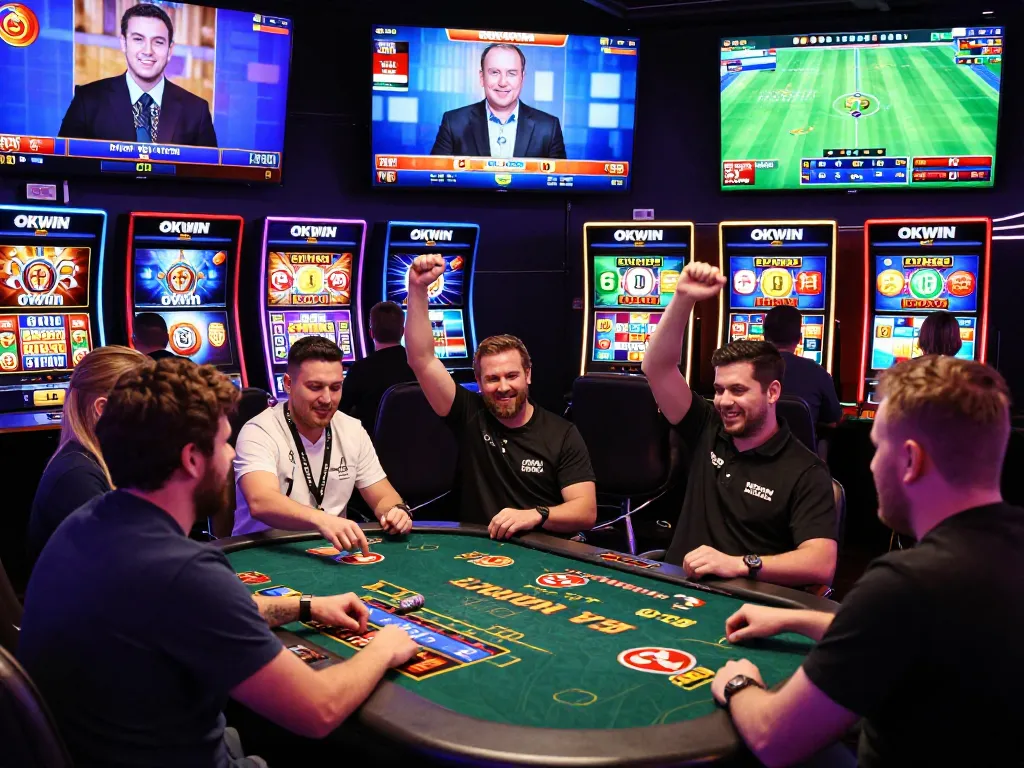 Exciting online casino gaming experience with players enjoying various games at OKWIN, showcasing vibrant digital interfaces and community interaction.