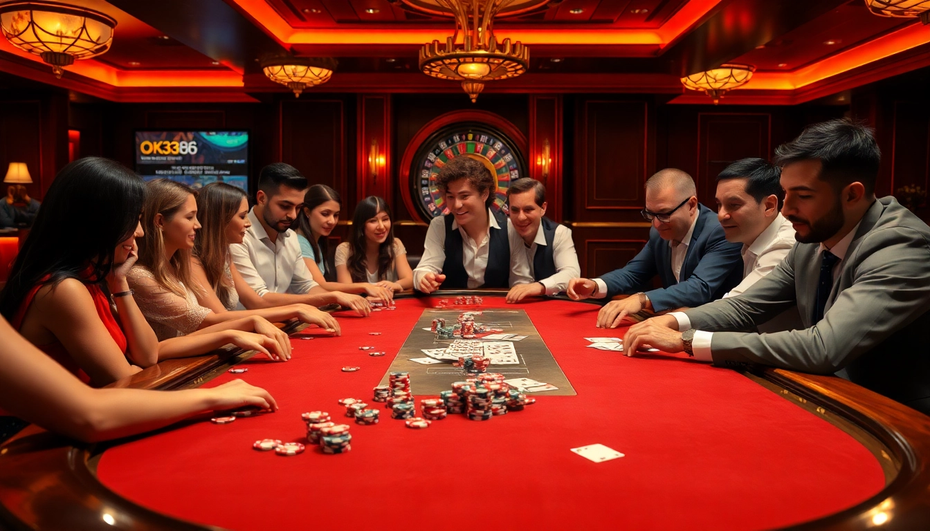 Players engaging in high-stakes poker at OK8386's luxurious casino table, filled with chips and cards.