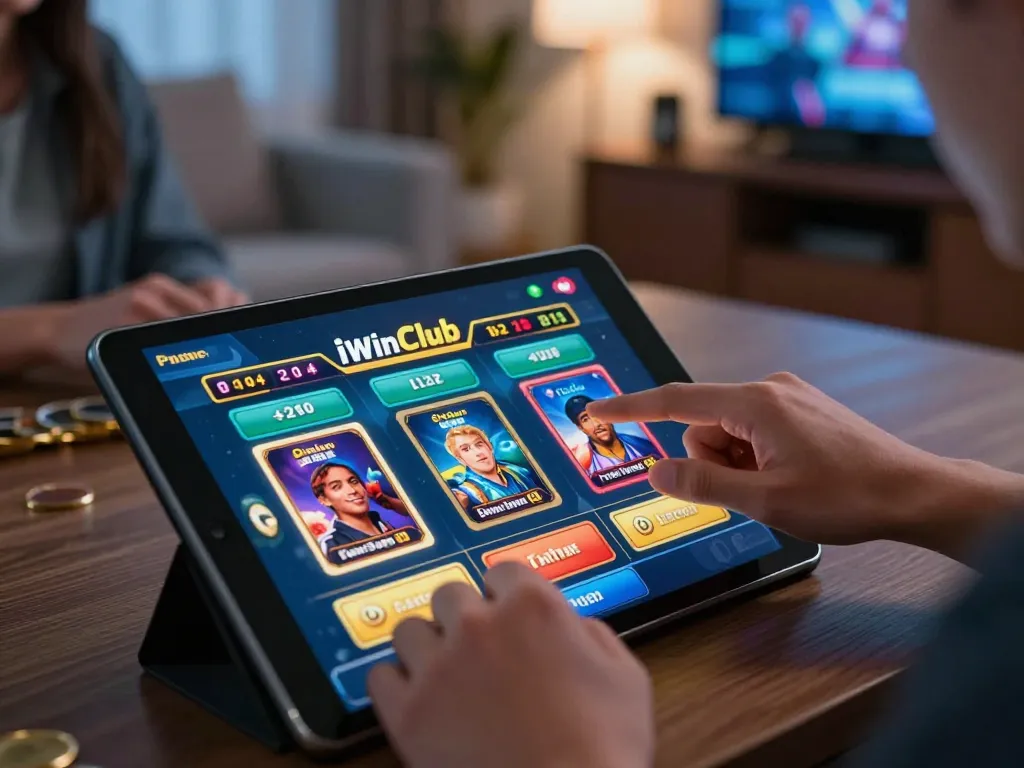 iWinClub players engaging with online casino games on a tablet in a cozy home setting