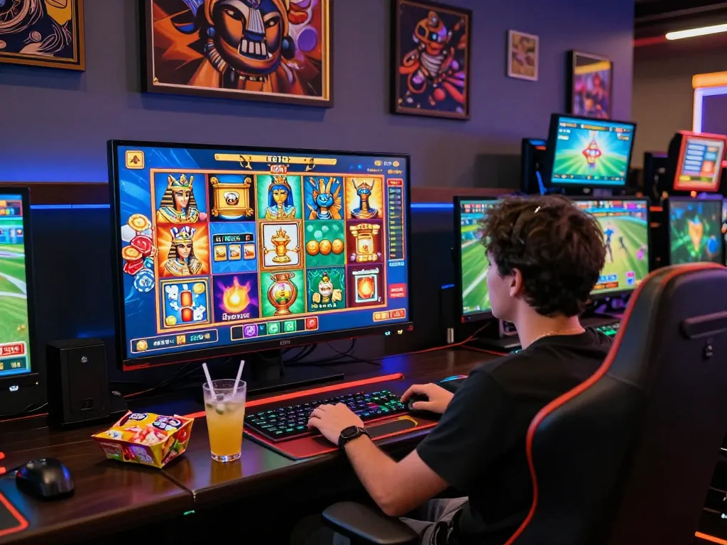 Exciting BEM88 casino gaming scene with vibrant slot games, engaging player, and dynamic atmosphere