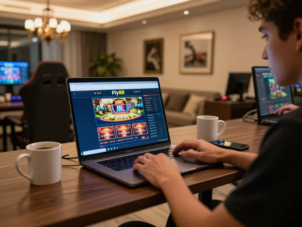 Engaging in online casino gaming at Fly88 with laptop and smartphone, showcasing immersive play.