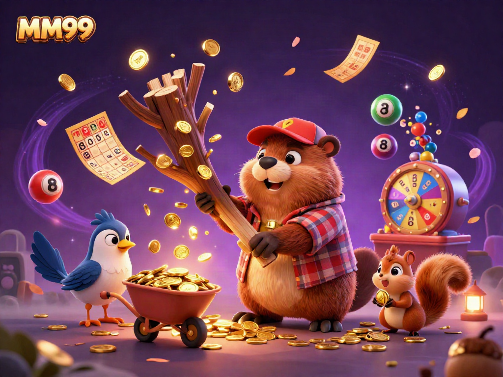 Engage with MM99's vibrant casino world featuring lively characters amidst gold coin rain and colorful lottery elements.
