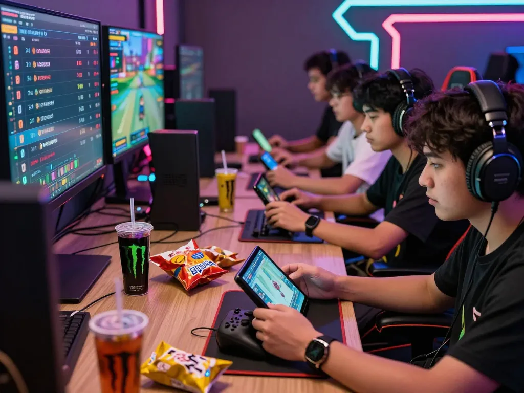 Engaging online gaming competition scene with players using go88 on various devices surrounded by vibrant digital displays.