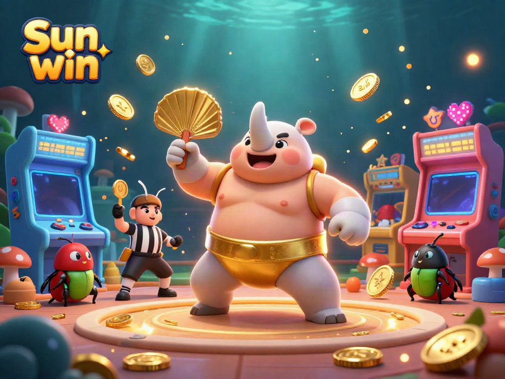 Experience thrilling gameplay with Sun win featuring a cartoon beetle sumo champion surrounded by golden coins.