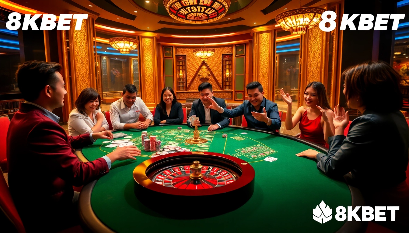 Exciting gambling action at 8KBET casino with cards and chips on a luxurious table.