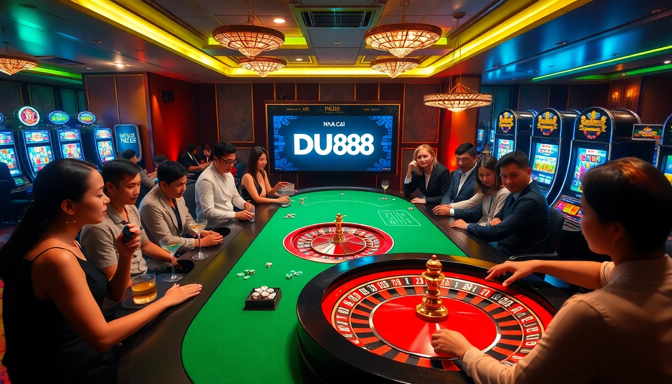 Engage in thrilling gaming experiences at Nhà Cái DU88 with vibrant tables, chips, and roulette.