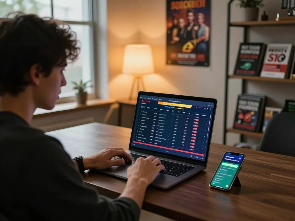 FLY88 player analyzing sports betting data on laptop in a cozy home office