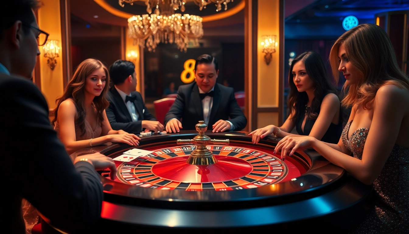 A high-stakes roulette game at 8kbet casino with players excitedly placing their bets.