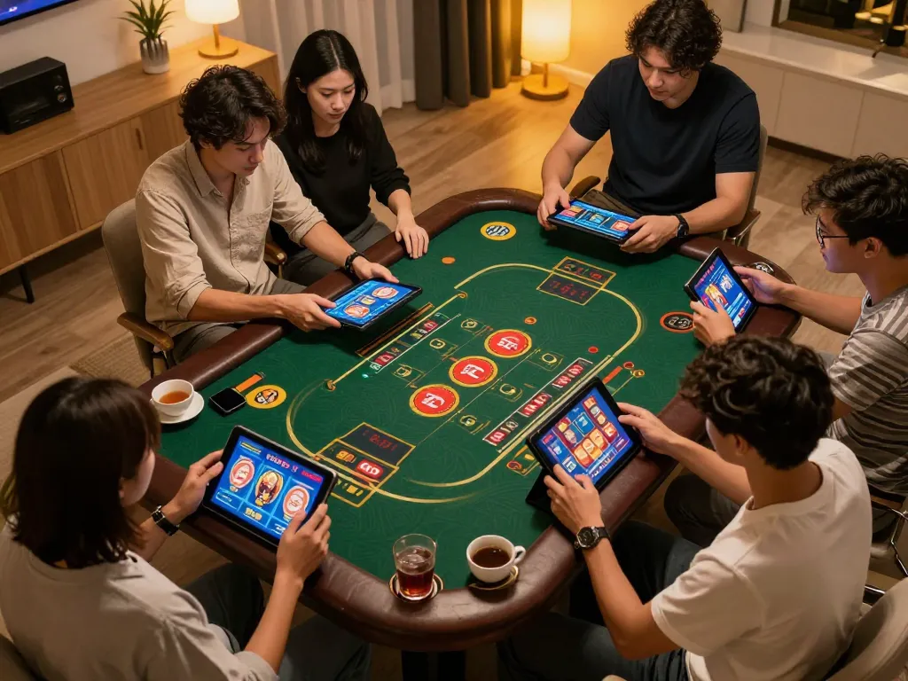Engaging Go88 online gaming scene with players using tablets for casino entertainment.