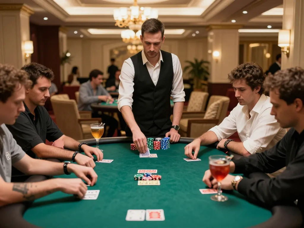 22bet players engaging in a strategic poker game at an upscale casino, showcasing intense focus and luxury.