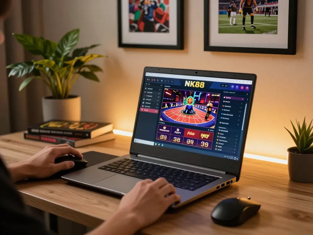 Play NK88 online casino game on a modern laptop in a cozy home environment
