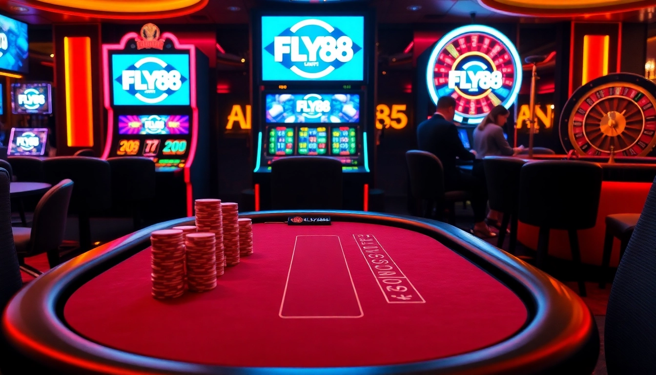 Experience the excitement of FLY88 with luxurious casino tables and vibrant slot machines.