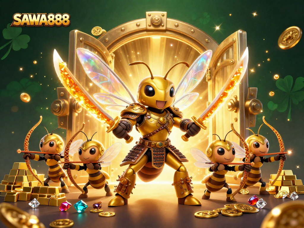 Experience the excitement of SAWA888 with a golden hornet samurai leading the charge in a treasure-filled casino scene.