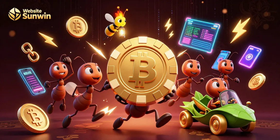 Cheerful ants in a heist with a golden poker chip at Website Sunwin, surrounded by vibrant crypto coins.