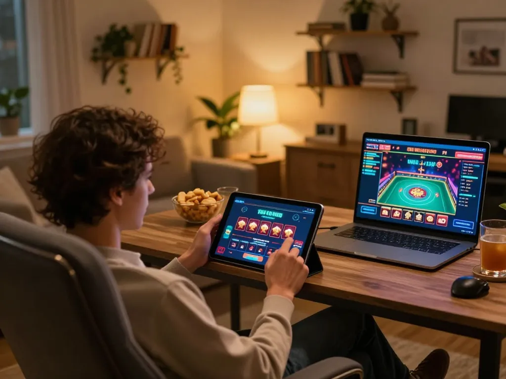 Player enjoying 3Win online casino app on tablet, inviting home atmosphere with gaming excitement
