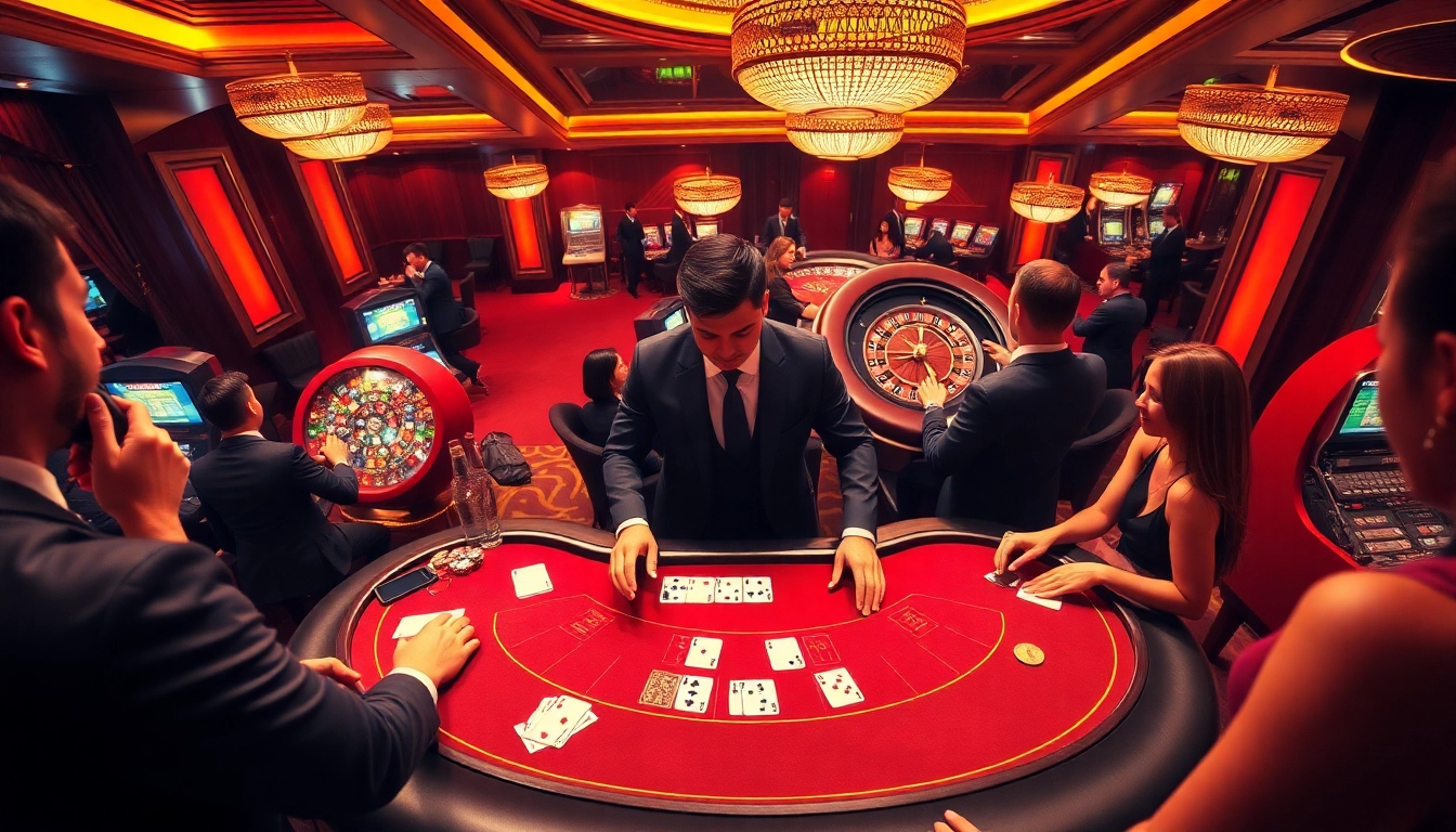Players enjoying Baccarat at https://www.sclub88.bet/ in a vibrant casino atmosphere with chips and cards.
