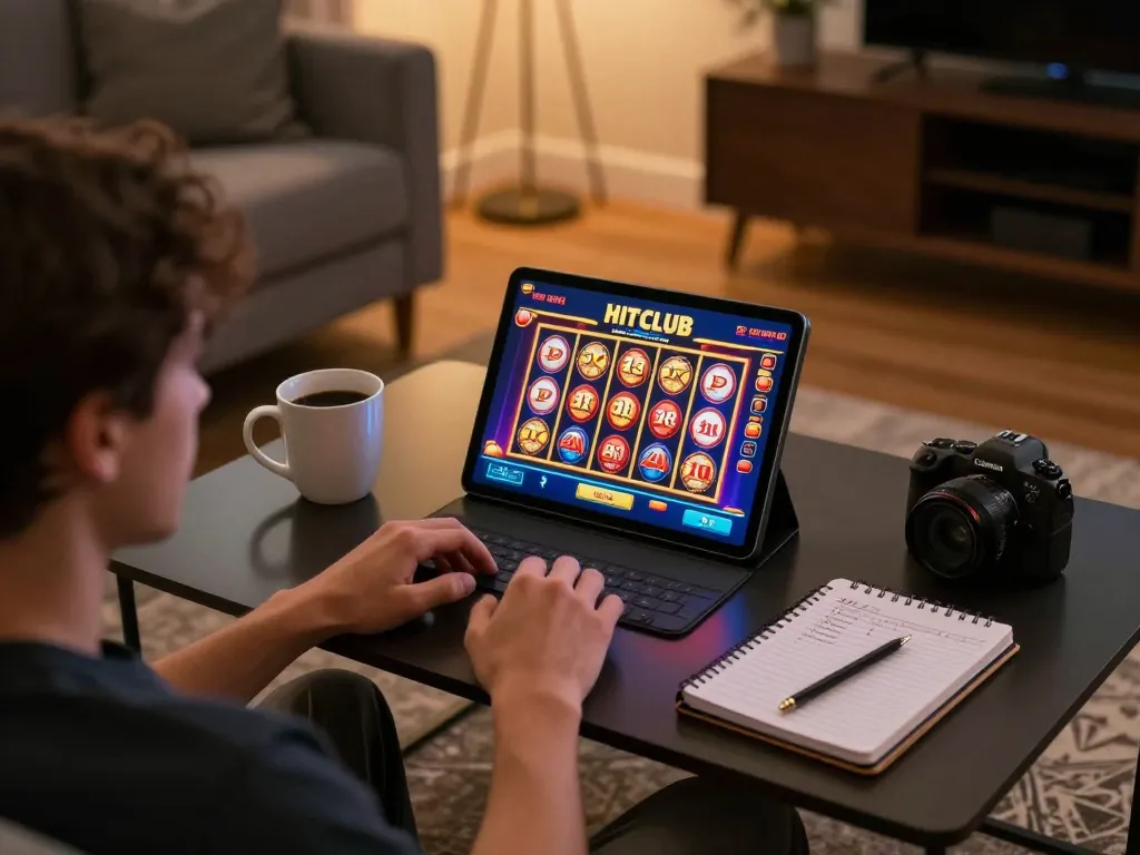 Player enjoying online gaming on HIT CLUB app in cozy home setting with strategy notes.