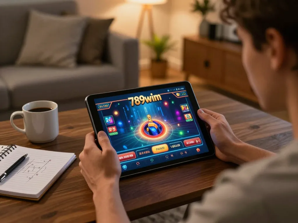Engaging with 789wim online gaming interface on a tablet in a cozy home setting.