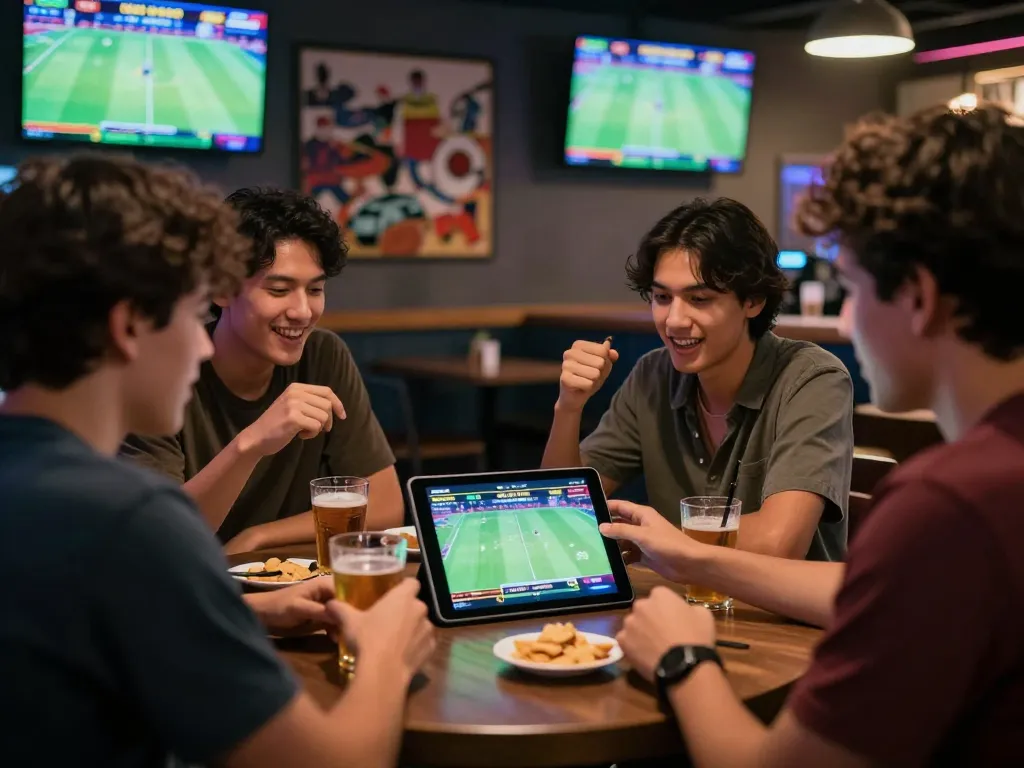 Excited friends analyzing stats for sports betting on 789win app during game night