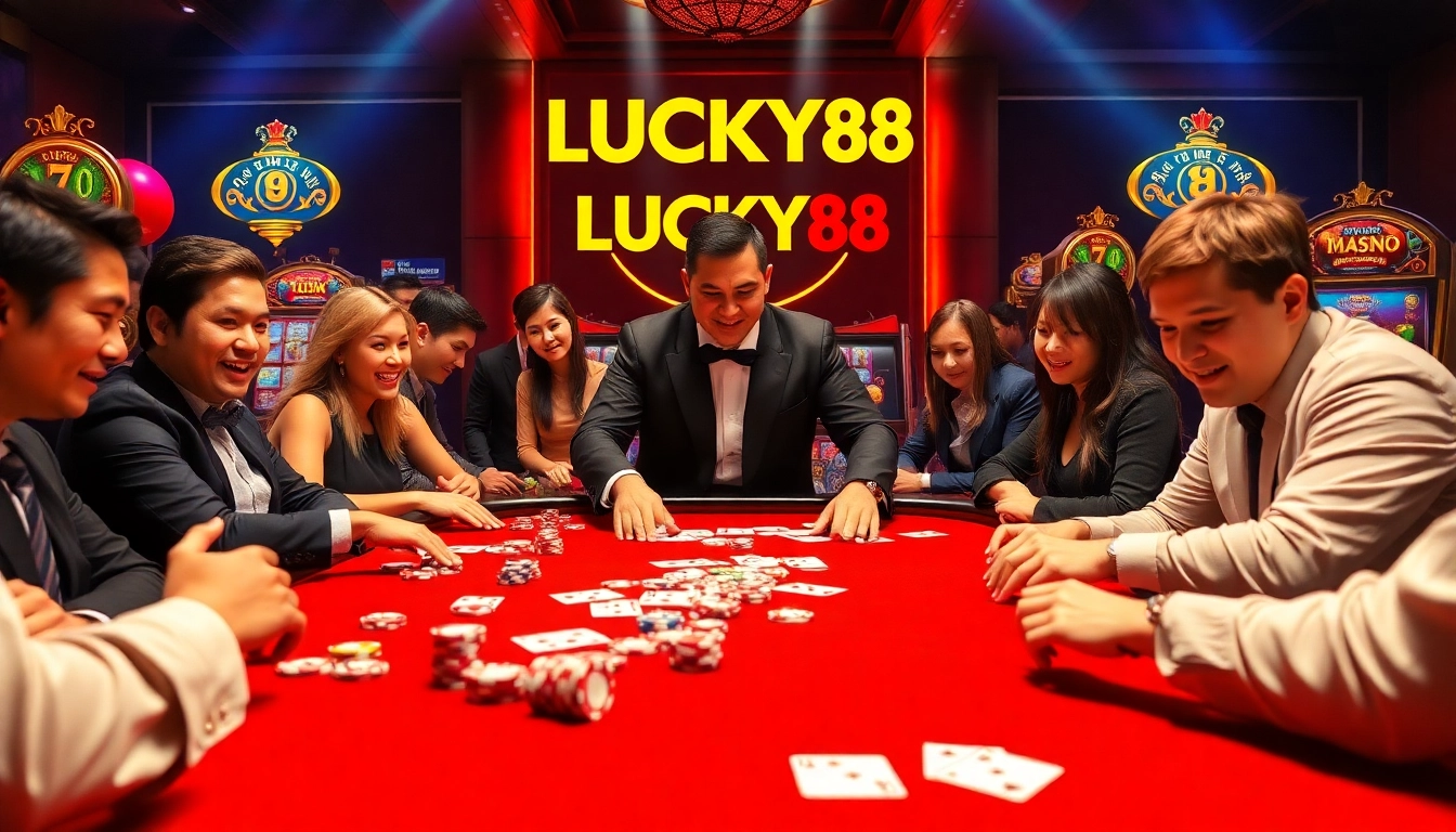 LUCKY88 casino scene with vibrant tables, colorful cards, and excited players enjoying high-stakes gambling.