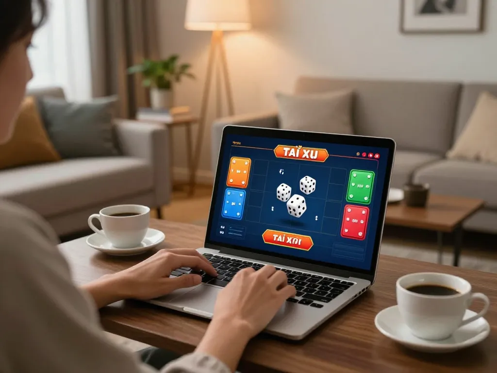 Engaging in Tài Xỉu gameplay on a laptop, showcasing the online casino experience in a cozy home.