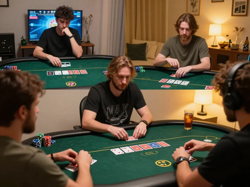 Players engaging with TT88 online poker game, showcasing intense focus and strategy in a cozy home gaming environment.