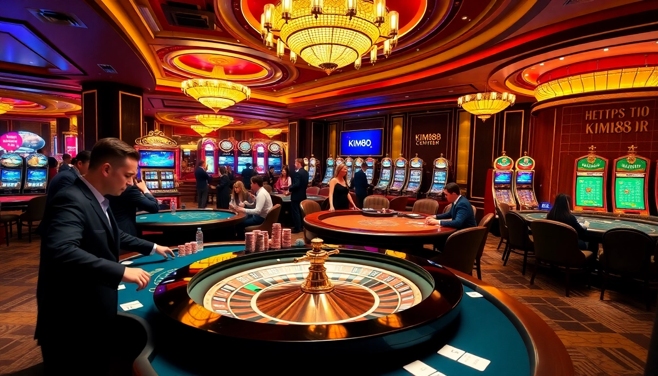 Players enjoying games at https://kim88.center/, showcasing excitement and professionalism in a luxury casino setting.