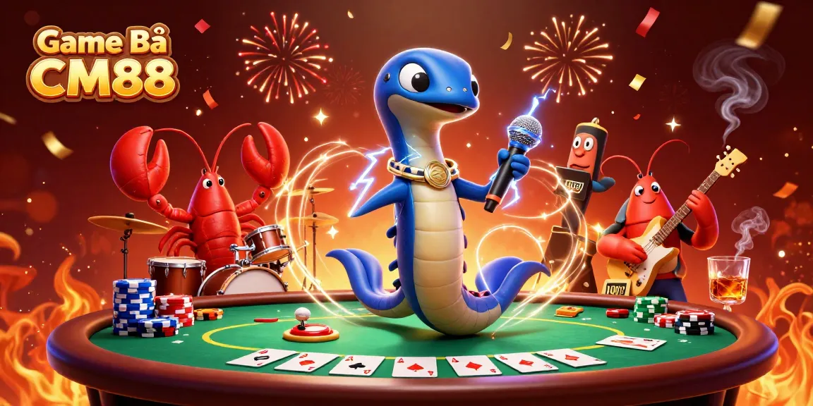 Experience the excitement of Game Bài CM88 as a colorful electric eel DJ energizes the underwater casino scene with vibrant poker elements.