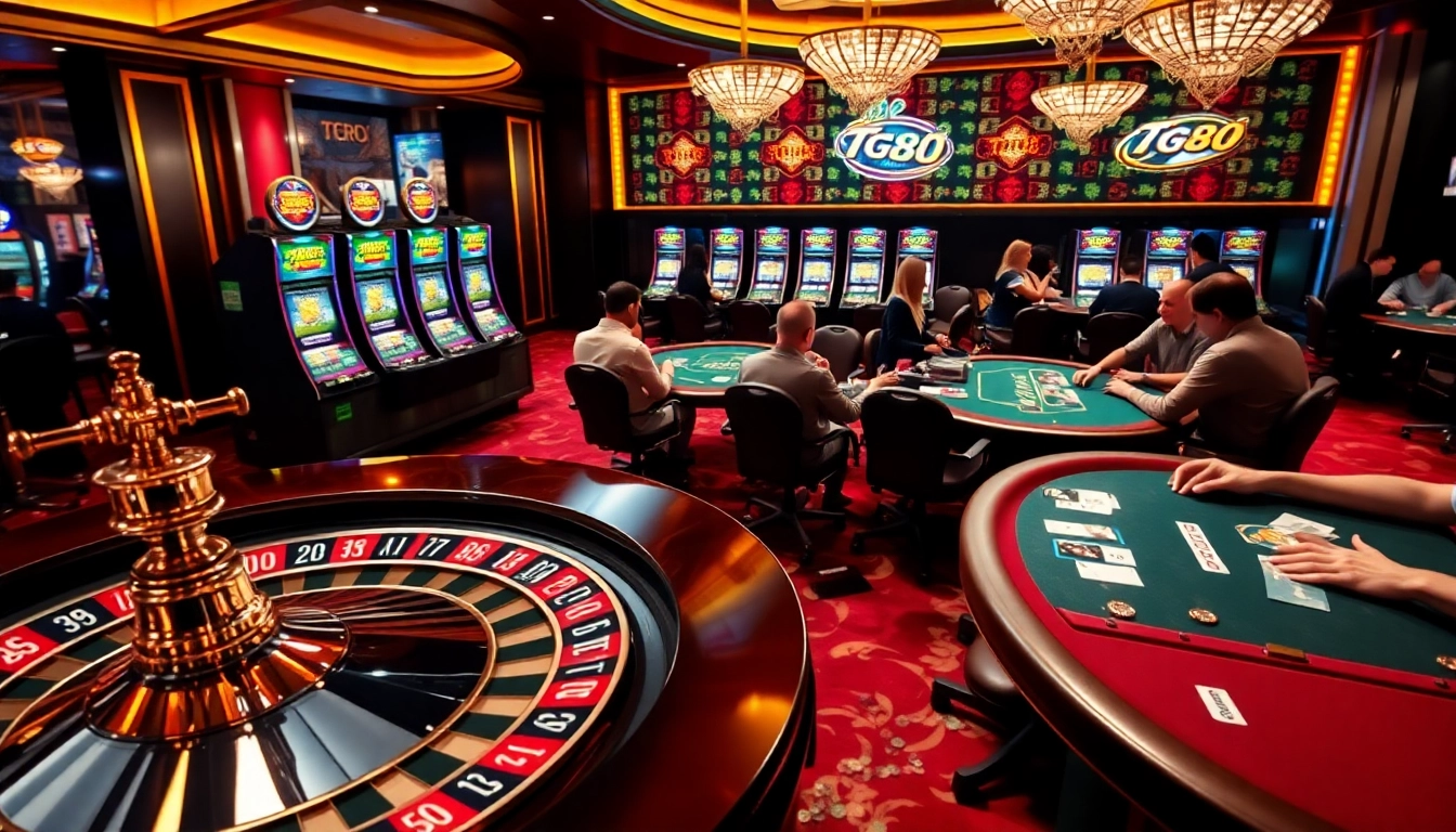 Experience thrilling gaming at TG88 casino with vibrant tables, shining slot machines, and excited players.