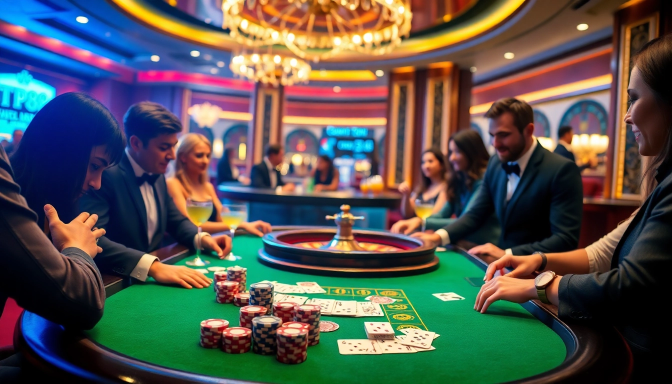Engaging scene at TP88 casino table with vibrant poker chips and attentive players immersed in the action.