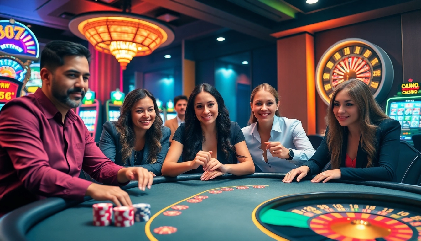 Exciting casino experience with players betting at 888NEW poker table amidst colorful chips and roulette.