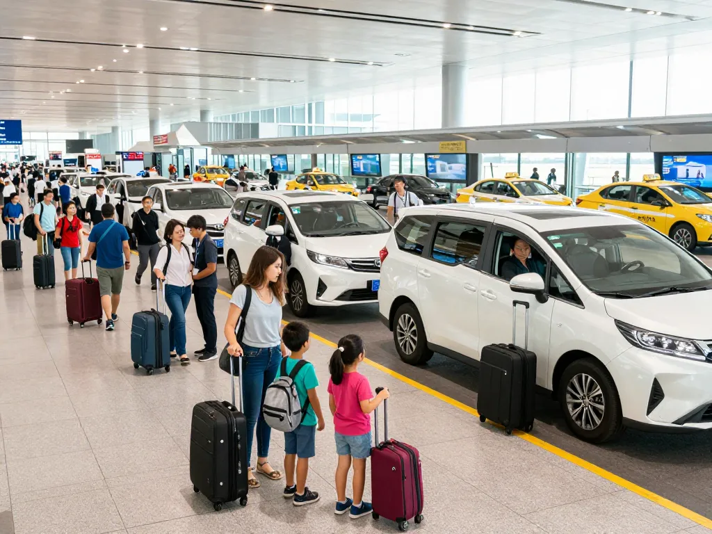 Airport transfers in a lively terminal scene with families and professional drivers assisting travelers.