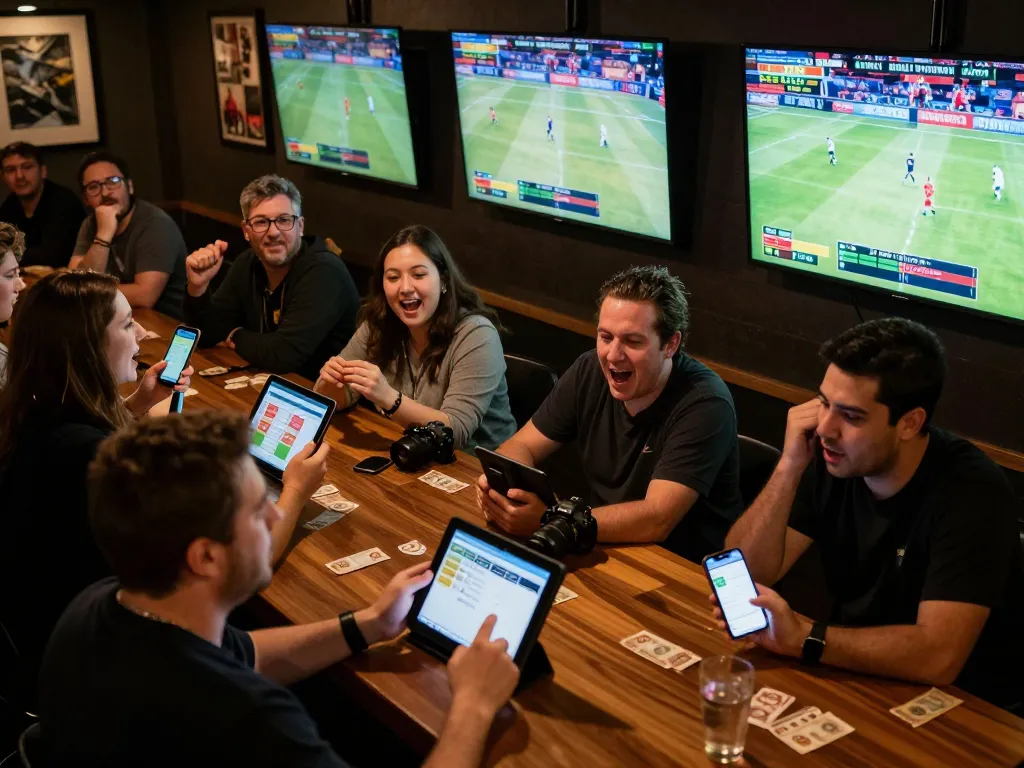 Sports betting excitement at Fun79, showing active wagering on live games in a lively bar setting