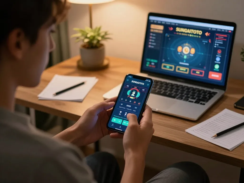 SUNGAITOTO player enjoying online betting with smartphone, showcasing strategic gameplay in a stylish office.