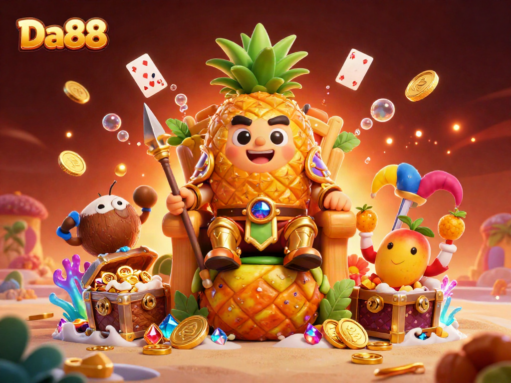 Experience fun and rewards at Da88: vibrant beach casino scene with characters and treasure.