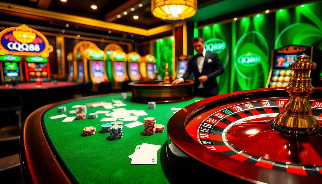 Experience thrilling gaming at QQ88's luxurious casino table with poker chips and cards.