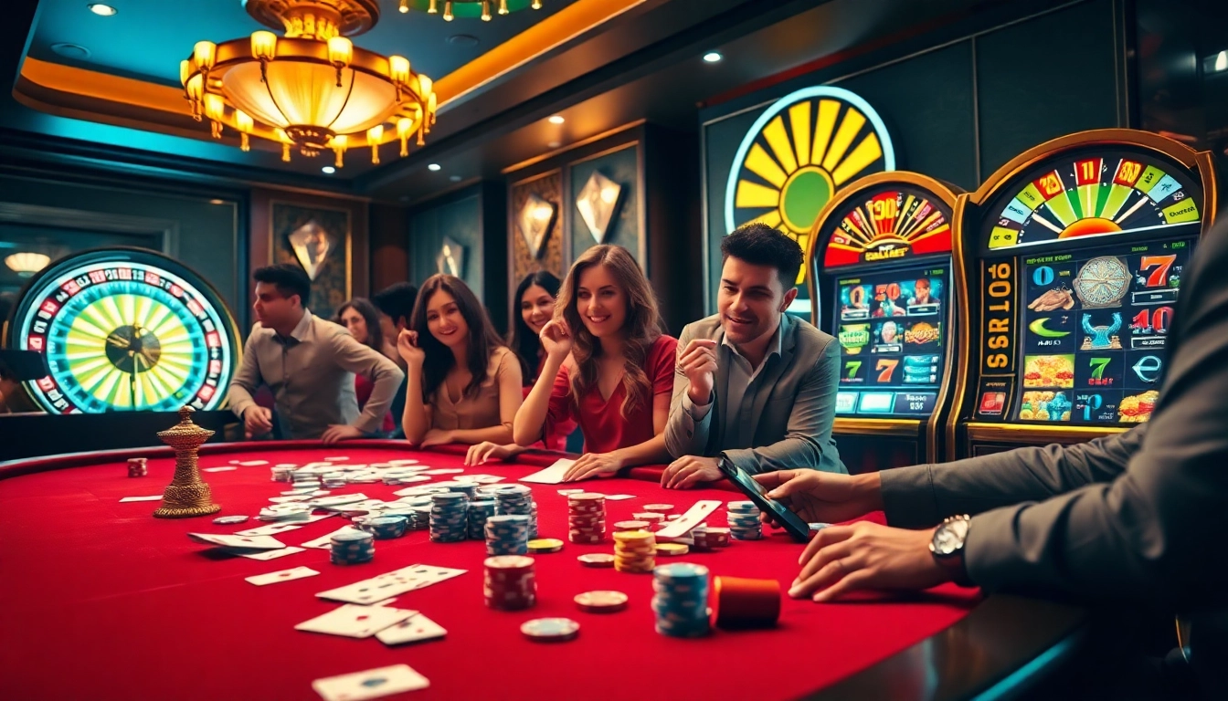 Engaged players enjoying the RR88 online casino experience with vibrant tables and slot machines.