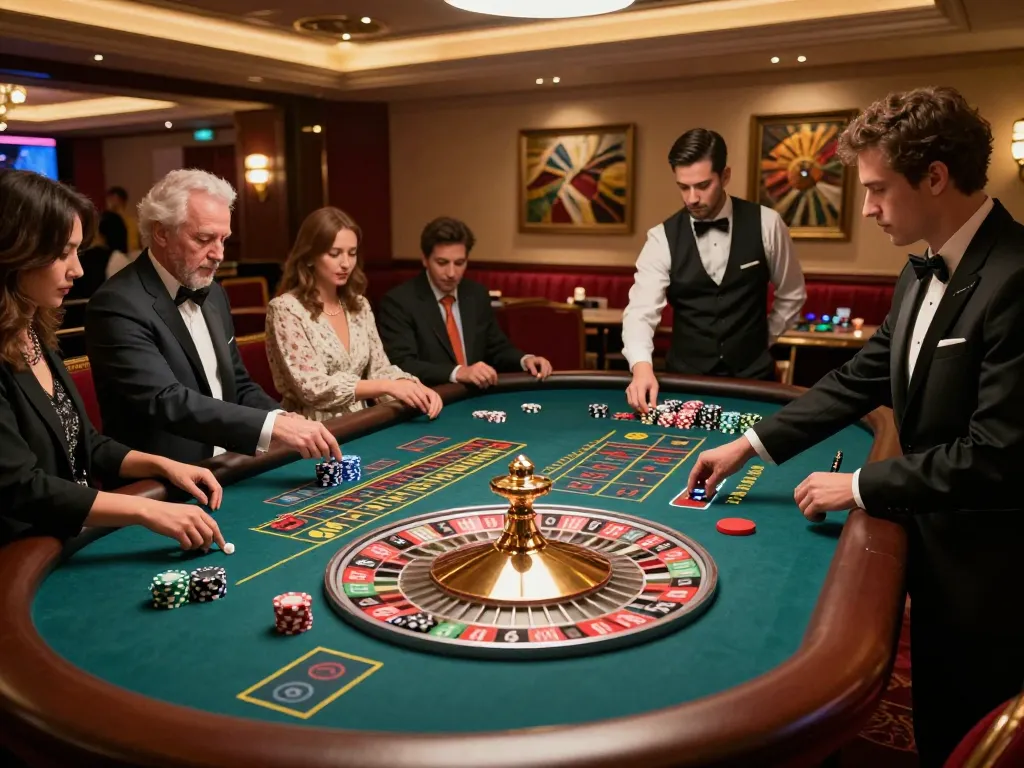 Kuwin players placing bets at an exciting roulette game in a luxurious casino setting