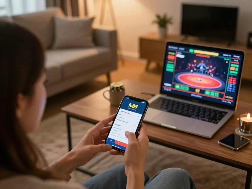 Person using fo88 app for online betting in a cozy home environment.