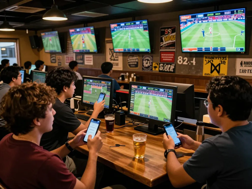 Excited sports fans engaging with keonhacai betting during live games in a vibrant sports bar.